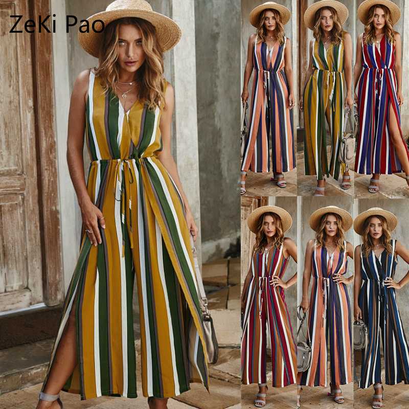 

Casual Women' Summer Sleeveless V-neck Lace-up Jumpsuit Female Casual Stripes Printed Split Sexy Straight Trousers Vestidos, Brown