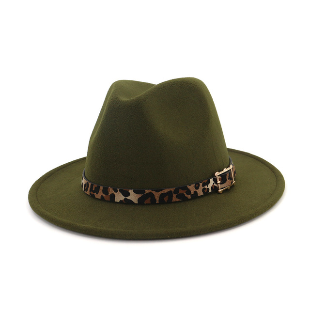 

2019 Woolen Felt Hat Panama Jazz Fedoras hats with Leopard belt Flat Brim Formal Party And Stage Top Hat for Women men unisex, Coffee