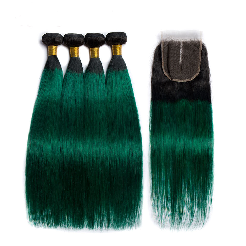 

Silanda Hair Ombre Color #T 1B/Green Straight Remy Human Hair Weft 3 Weaves Bundles With 4X4 Lace Closure Free Shipping