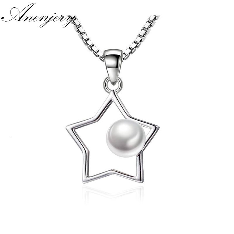

925 Sterling Silver Hollow Five-pointed Star Imitation Pearl Pendant Neckace For Women Gift Match Box Chain