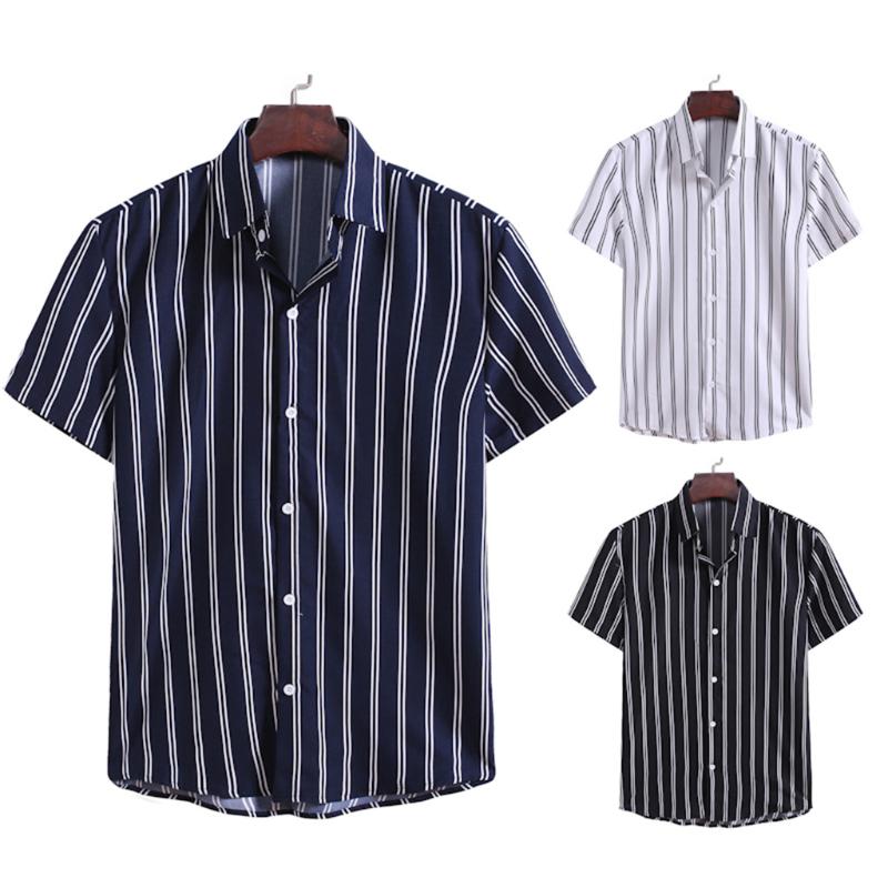 

Men's Stripe Short Sleeve Shirts Summer Casual Turndown Collar Colorful Fashion Shirt Male Cotton Beach Hawaiian Shirts Camisas, Black