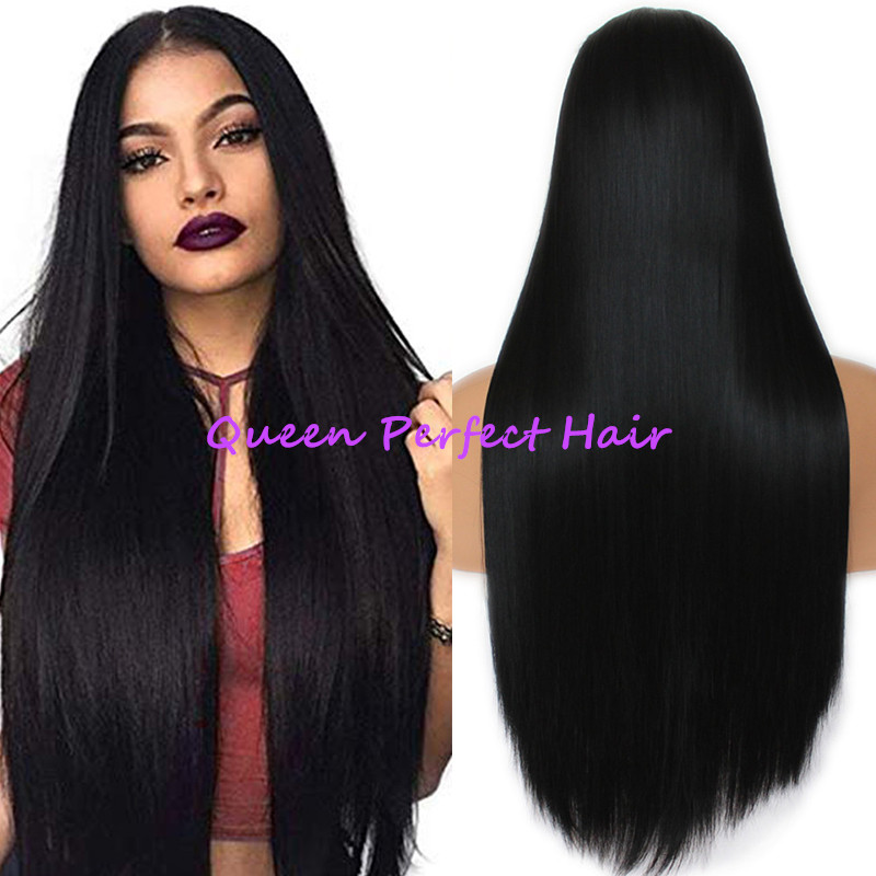 Perruque Lace Front Synthétique Femme Aspect Naturel Long Noir Style Raide Séparation Moyenne Attachée à la Main Perruque Résistante à la Chaleur