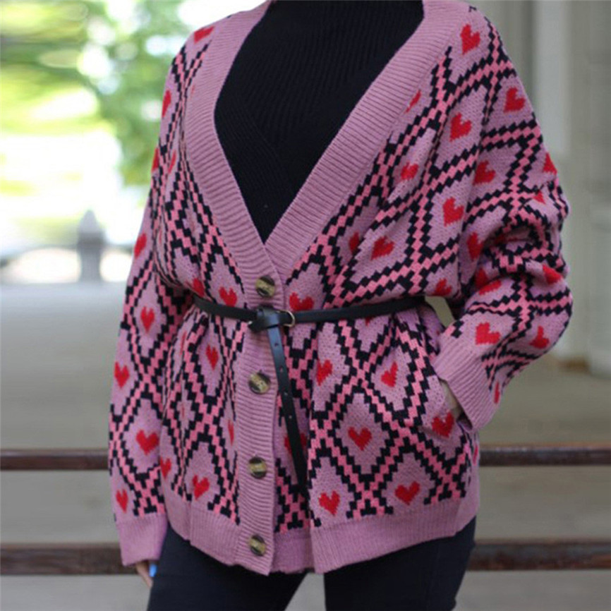 

Single Breasted Street Coat Women Fashion Love Print Temperament Buckle Sweater Jacket Vintage Autumn Long Sleeve Coat, Orange