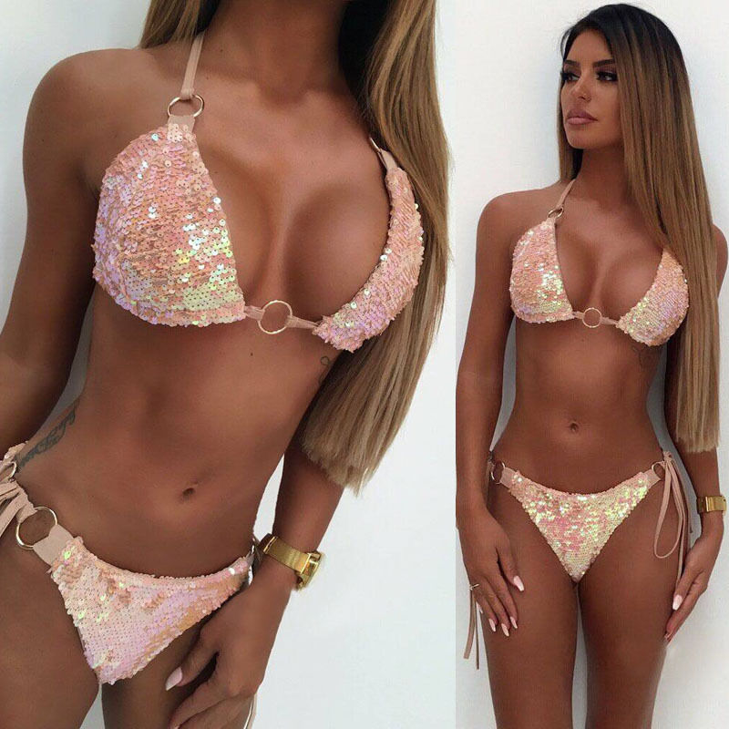 

2020 Sexy New Sequins Bikini Pink Green Silvery Swimsuit Shiny Bathing Suit Women Swimwear Female Plavky Beachwear Tikini Biquni