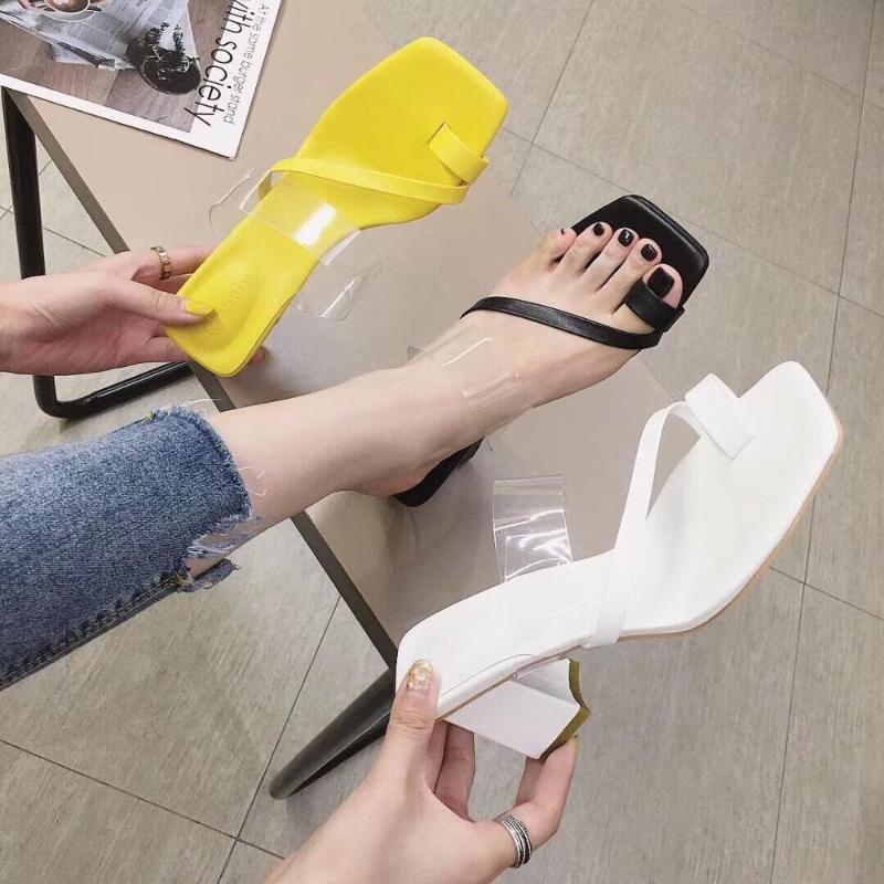 

2020 Summer Women Slippers High Heel Slides Narrow Band Transparent Slingbacks Sandals Slip On Flip Flops Ladies Shoes For Party, Black
