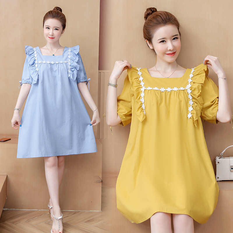 

6021# Maternity Clothes Summer Thin Cotton Short Sleeve Loose Stylish Dress for Pregnant Women Mom Dress, Yellow