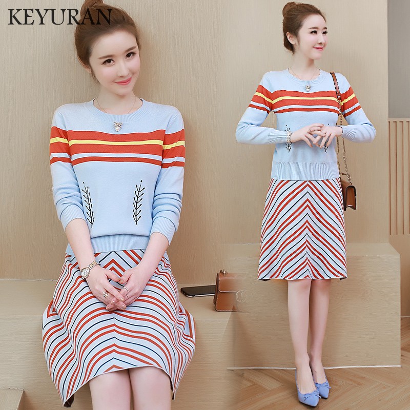 

New autumn fashion Striped Women tracksuit Knitted sweaters Set two piece slim package hip skirt and top Women's Sets vestido, Photo color