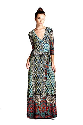 

On Trend Women's Paris Bohemian V-Neck Printed 3/4 Sleeve Faux Wrap Long Maxi Resort Dress, Pink