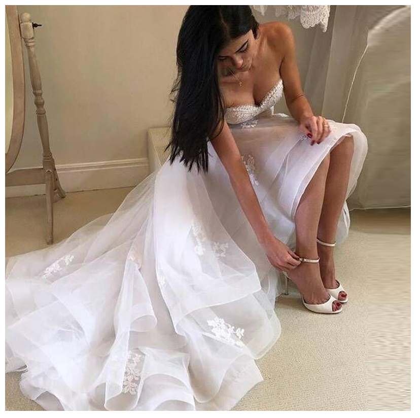 White Lace Appliques Hi Low Wedding Dresses Sweetheart Lace Up Back ruched Front Short Long Back Wedding Gowns robe de mariee