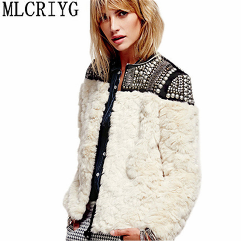 2018 Fashion Women Winter Fur Coat Female Long Sleeve Fur Jacket Beading Patchwork Jackets and Coats abrigo mujer YQ114