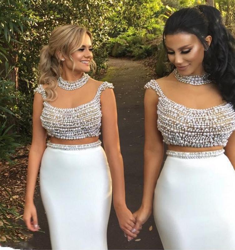 

2020 Latest Two Piece Arabic Evening Dresses White Pearls Beading Illusion Crop Top White Chiffon Mermaid Prom Party Gowns, Black