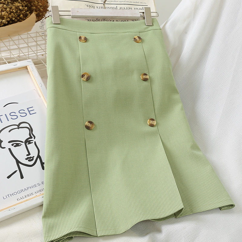 

2020 Fashion Summer Midi Skirt Women Korean High Waist Double breasted Plaid Skirts Hip Package Office Work Saias Jupe Femme, Black