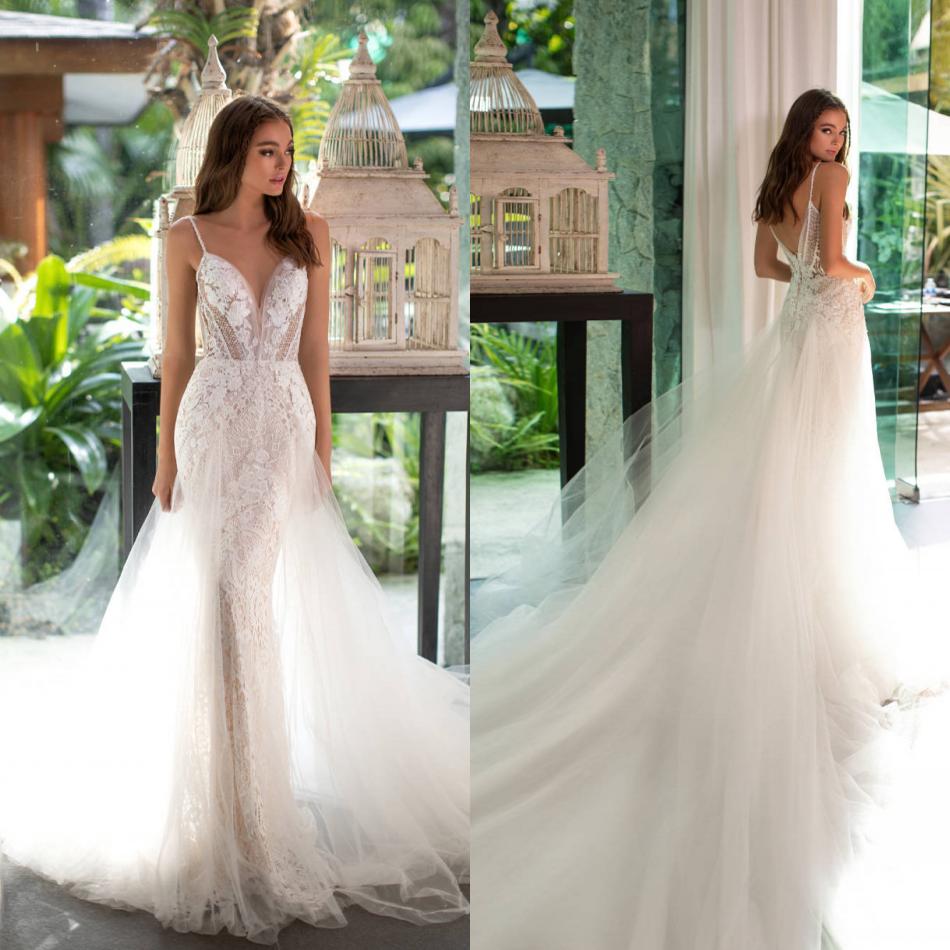 

2019 Milla Nova Mermaid Wedding Dresses Spaghetti Lace Appliqued Sweep Train Boho Wedding Dress Beach robes de mariée Bohemian Bridal Gowns, Dark navy