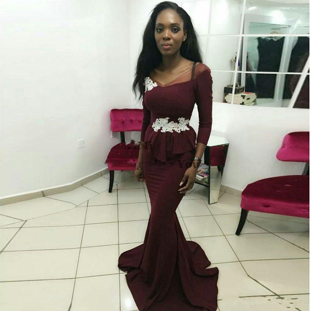 

Burgundy Mermaid Prom Dresses Long Sleeve Off Shoulder Sweep Train Party Gowns White Appliques African Formal Evening Dresses B167