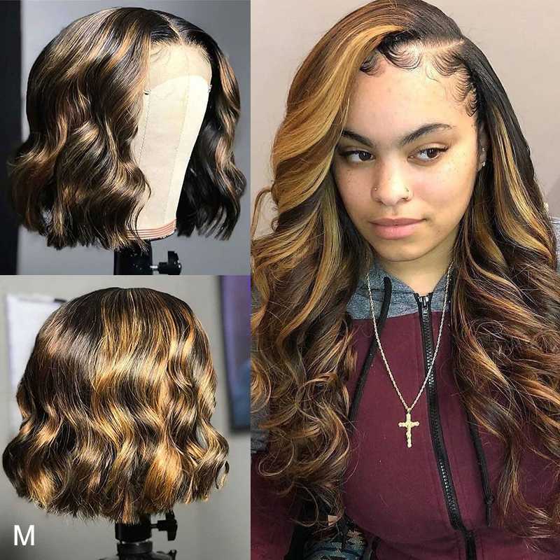 

Ombre Blond Highlight Lace Front Human Hair Wigs for Black Women Colored Brazilian Remy Pre Plucked 180% 13x4 Wavy Bob Wig, 1b/27hl