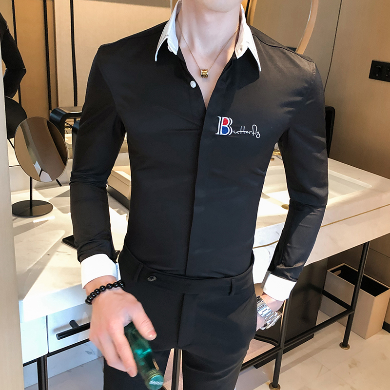 

black cotton Shirt Men 2020 New Slim Fit Mens Dress Shirts Wedding Party Casual Male Casual Shirt Chemise