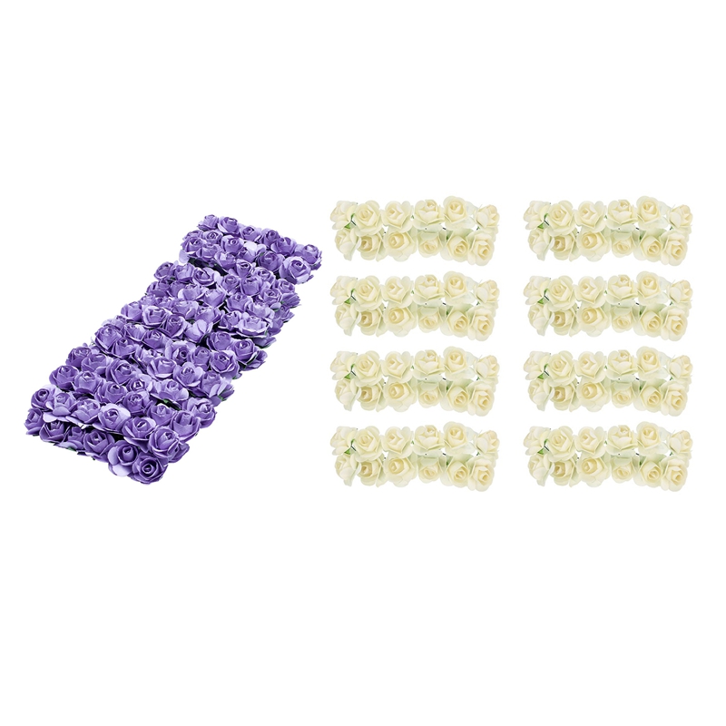 

288 Pcs Mini Artificial Paper Rose Flower Wedding Craft Decor, 144Pcs Deep Purple & 144Pcs Milk-White, As shown