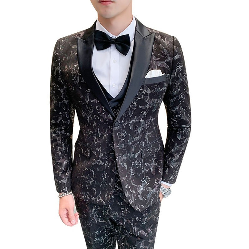 

New groom suit 2020 Floral tuxedo 3-piece Fashion men suit ( Jacket + Vest + Pants ) wedding for male Floral Print, Lan hua