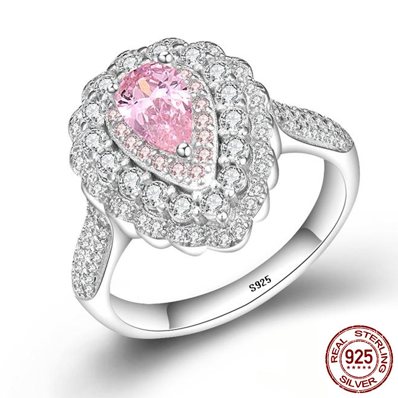 

Luxury Water Drop Pink CZ Diamond Ring 100% 925 Solid Silver Engagement Wedding Rings Fine Jewelry for Women XR203