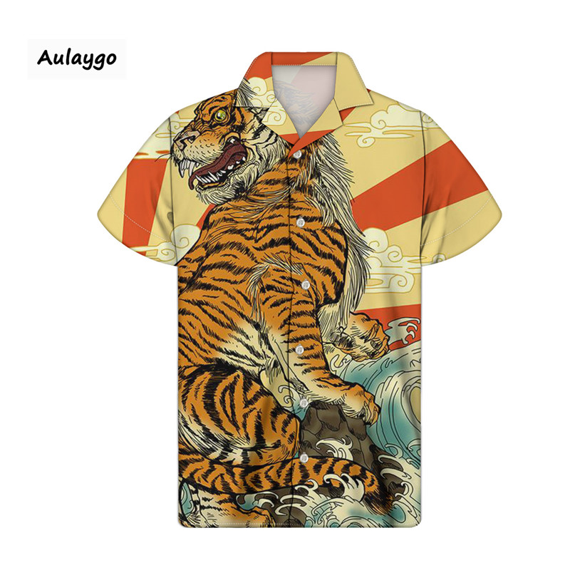 

Mens Short Sleeve Shirt Tiger Sloth Dog Cat Print Ccuban Guayabera Shirt Hawaiian Blouse Couple Clothing Camisa Hombre, White;black