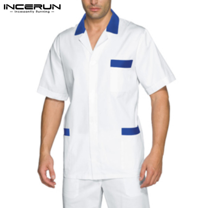 

INCERUN Fashion Men Shirt Short Sleeve Summer Breathable Lapel Pockets 2020 Casual Blouse Streetwear Mens Work Uniform Plus Size, White shirt