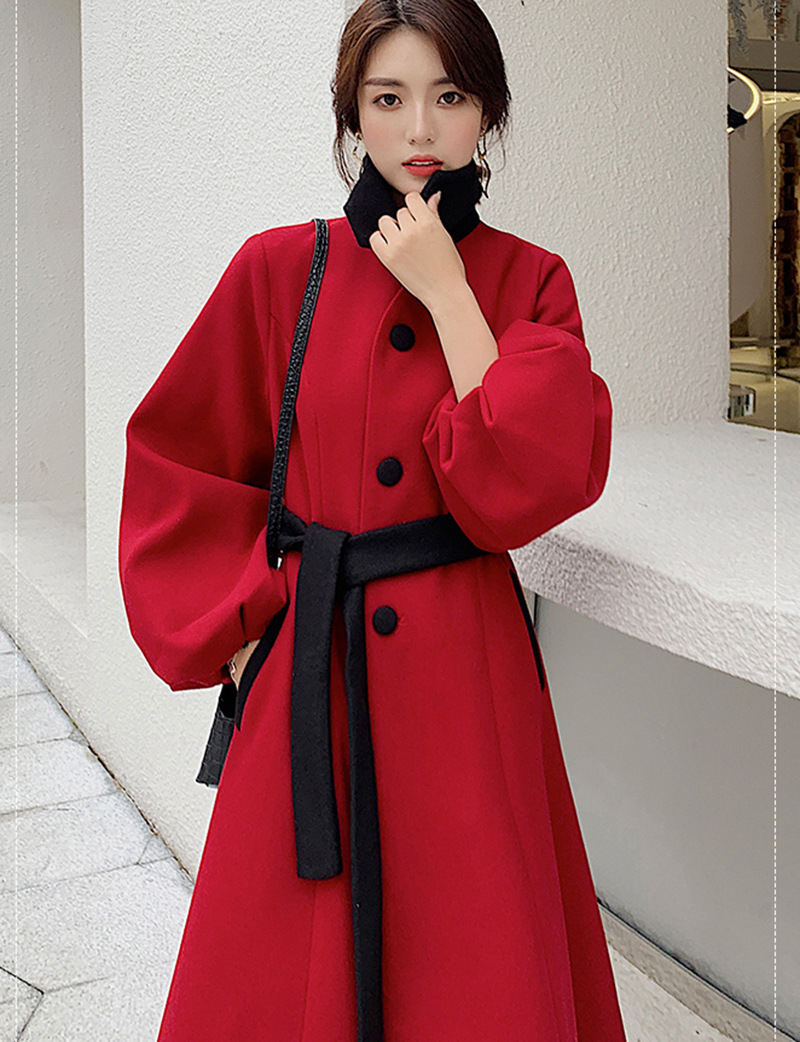 

Women's party dress autumn Hepburn style retro ladies woolen dust coat over the knee long section slim-fit beam waist with belt fleece Windbreaker, Red