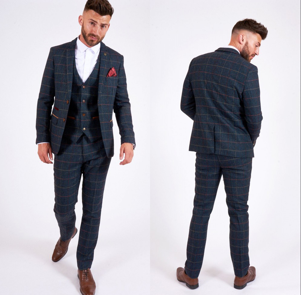 

New Herringbone Plaid Groom Wedding Tuxedos Slim Fit 3 Pieces Notched Lapel Mens Pants Suits High Quality Designer Jackets, Burgundy