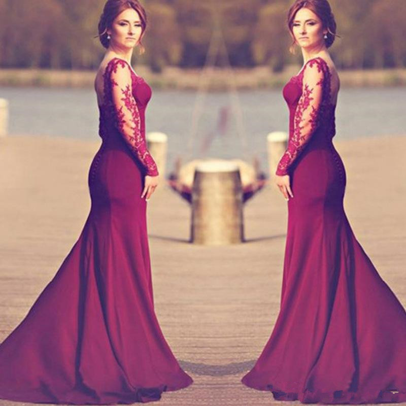 

Cheap Long Mermaid Bridesmaid Dresses Burgundy Top Lace Long Sleeve backless Images South Africa 2020 New Sexy Maid of Honor Gowns Z148