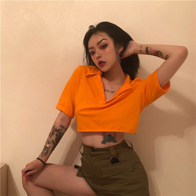 

Vintage Loose Cropped Sexy T Shirt Solid Orange Short Sleeve Slim Fit T-Shirt Vintage Elegant Summer Women T Shirts Mini MM60TX