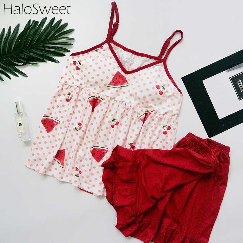 

HaloSweet Pure Cotton Summer Sleepwear Women Pajamas Female Home Clothes For Women Shorts Suits Clothes Pyjamas Two Piece Sling, Red