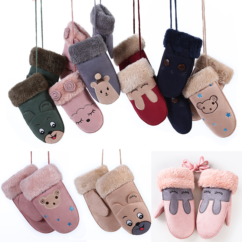 Girls and Boys Cute Cartoon Sheep Windproof Suede Mittens Kids Gloves Warm with String Blue