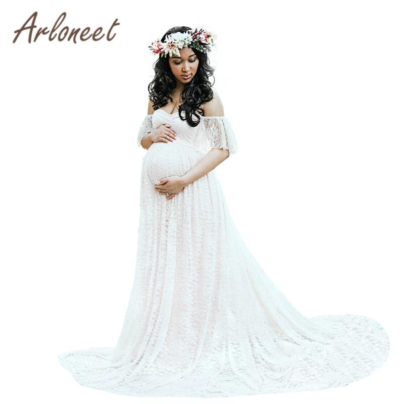 

ARLONEET Clothes Women Maternity Dresses Off Shoulder Pregnants Photography Props Lace Sleeve Long Dress Summer Pregnancy Dress, White