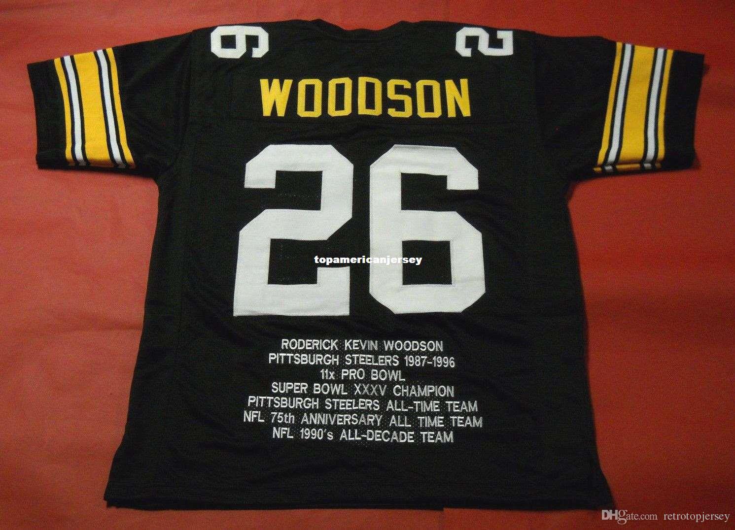 

Cheap retro #26 ROD WOODSON CUSTOM STAT MITCHELL & NESS Jersey black Mens Stitching Top S-5XL,6XL Football Jerseys Running, Black;blue
