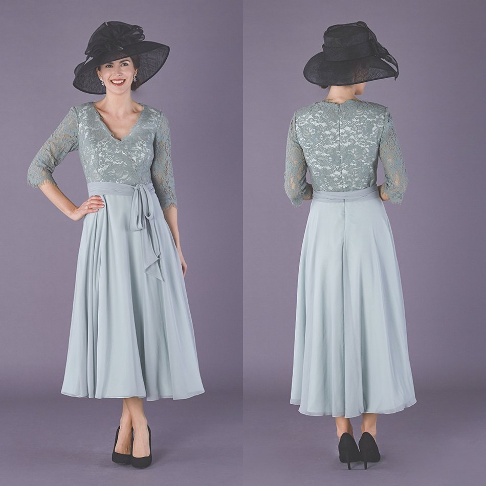 

Lace Mother Of The Bride Dresses V Neck Appliqued Tea Length Formal Wedding Guest Dress 3/4 Long Sleeve Mother Dress Prom Gowns