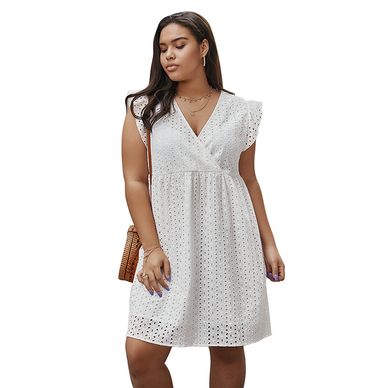 

White Hollow Out Dress Summer 2020 Sleeveless Women Sexy V Neck Cotton Boho Plus Size Dress Casual Office Lady Dresses Vestidos