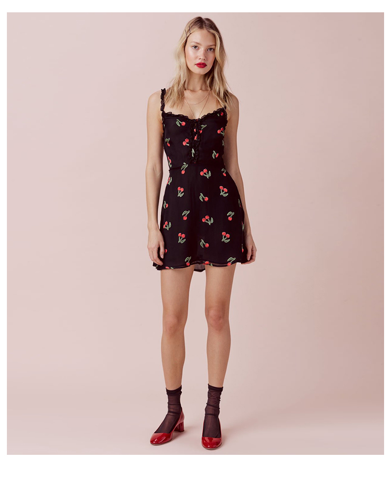 

Small cherry pattern printed wood ear sleeveless strap dress female, Black