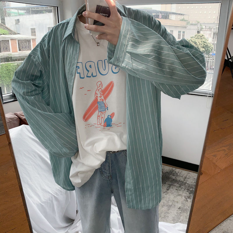 

Shirt Men Summer Thin Long Sleeve Stripes Shirt Men Lapel Fashion Casual, Green