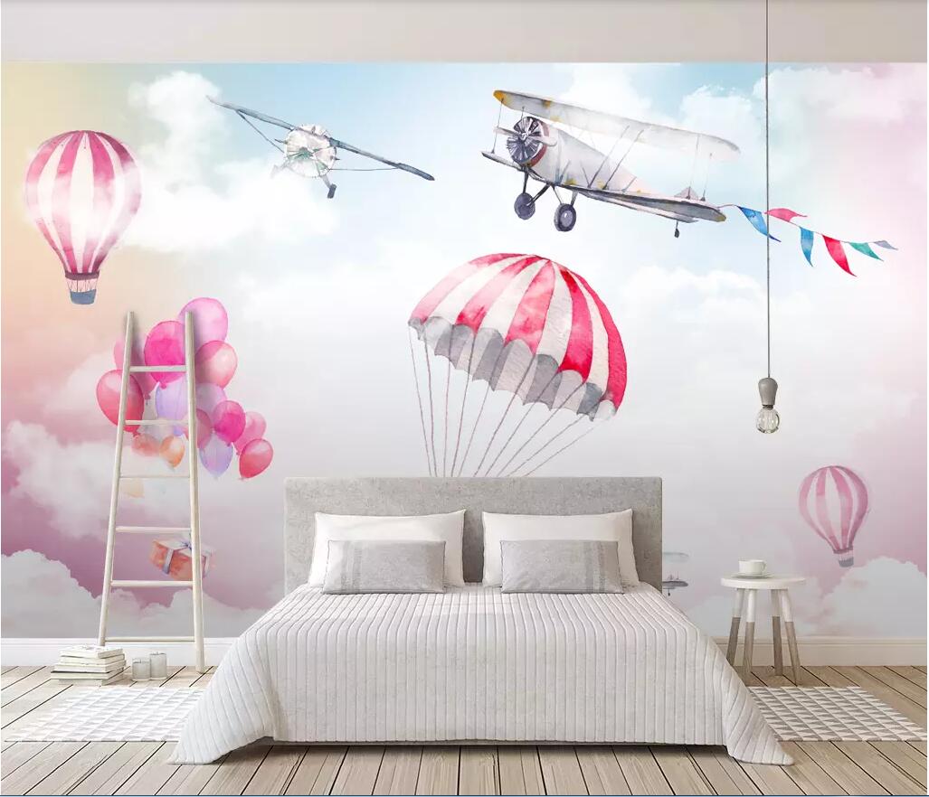 

3d room wallpaper custom photo non-woven mural Fresh, simple, colorful sky plane, hot air balloon, mural, TV wallpaper for walls 3 d, Picture shows