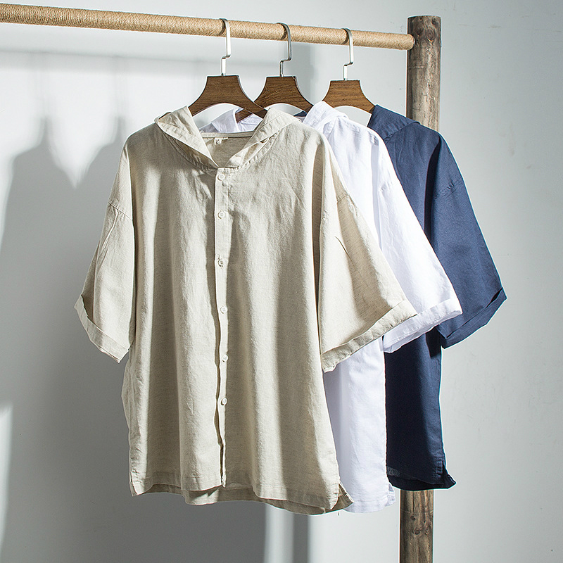 

Summer Mens Hooded Shirts Casual Slim Fit Cotton Linen Short Sleeve Khaki Social Shirt Top Male Plus Size Button Shirt Xxxl 4xl, White