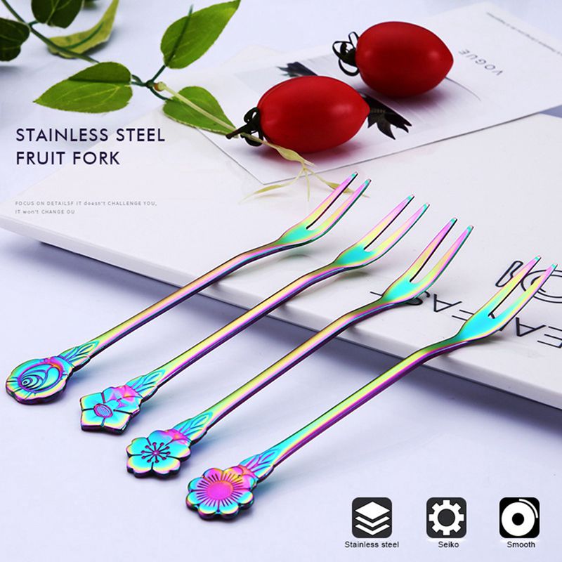 

HOT-4 piece set of stainless steel creative ic flower flower fruit fork colorful creative fruit sign colorful cake dessert fo