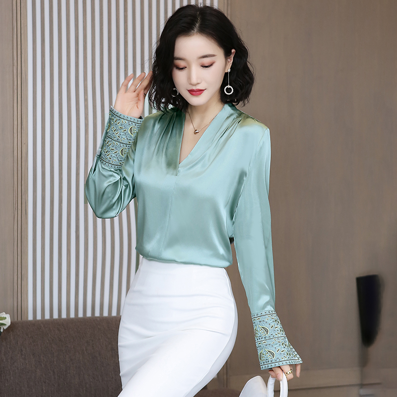 

Women' Blouses & Shirts Korean Silk Women Satin Blouse Shirt Plus Size Elegant Woman Long Sleeve Embroidery Womens Tops And, Green