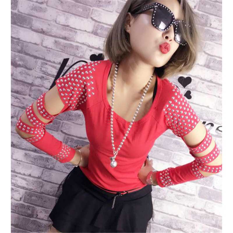 

T-shirts female Rhinestone Punk Rock autumn tops women' diamond tshirt tees Poleras Mujer 2019 t shirt Vetement Femme Clothes, Black