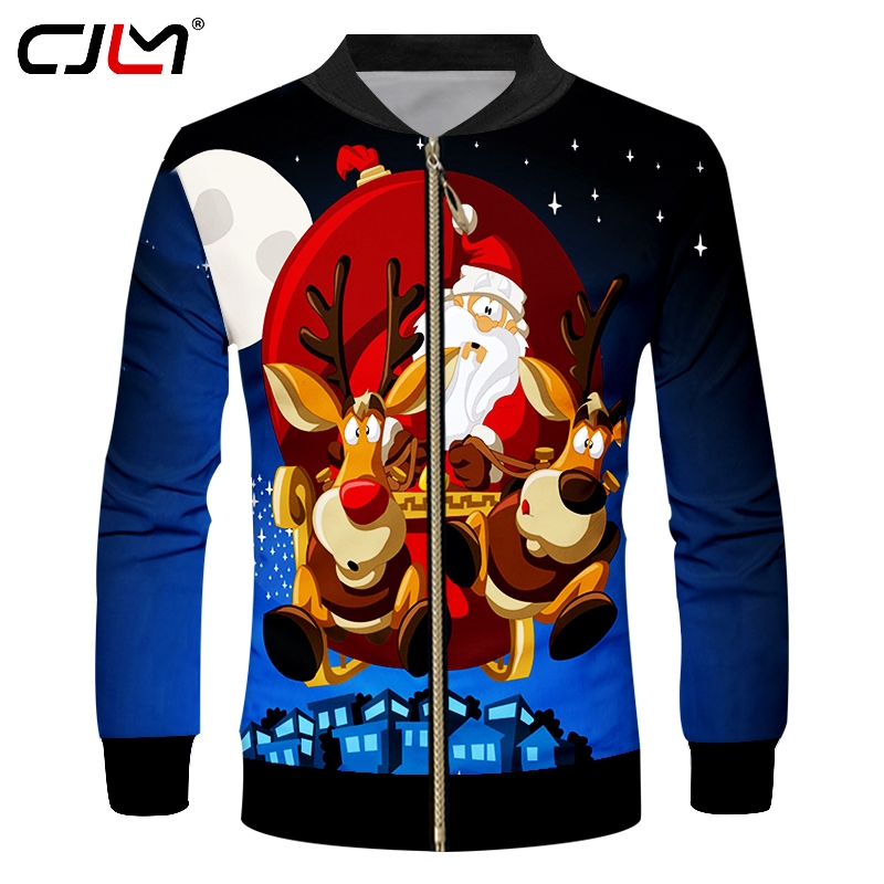 

CJLM Men' 3D Printed Lovely Santa Claus And Elk Clothing Trend Best Man Christmas Moon Pattern Casual Zip Jacket