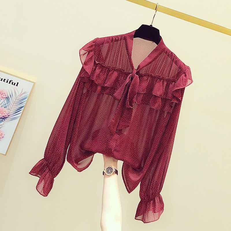 

Polka Dot Floral Red Chiffon Shirt for Women 2020 New Autumn Suoer Fairy Top Elegant Ruffles Long Sleeve Female Shirts, Wine red