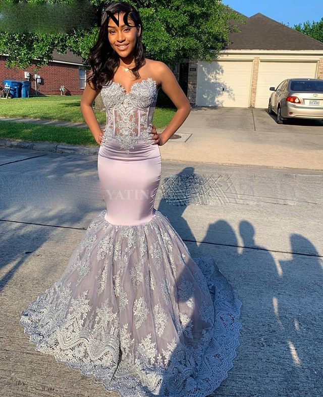 

Vintage Lace Grey Mermaid Prom Dresses Black Girls Long Graduation Gowns Plus Size African Formal Dress 2020 Elegant, Pink