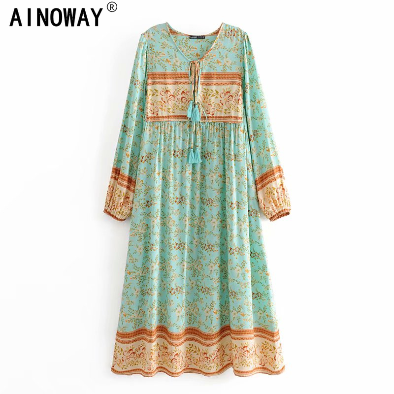 

Vintage chic women elegant lace-up tassel floral print beach Bohemian Midi dress Ladies rayon Boho dress vestidos, 04