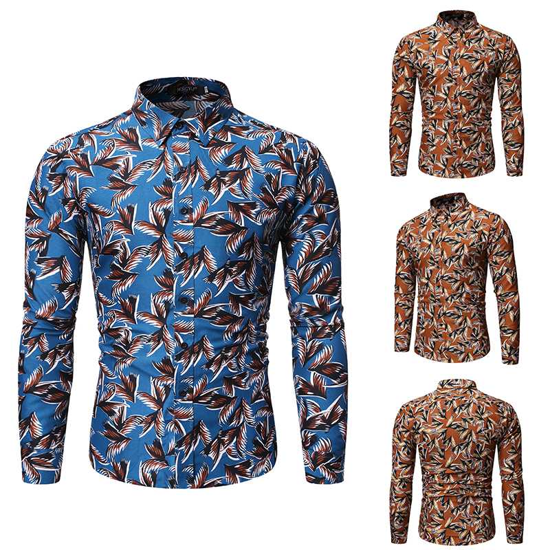 

New Spring Men Casual Slim Shirts Fashion Long Sleeve Brand Printed Button-Up Formal Business Polka Men Floral Shirt, Blue