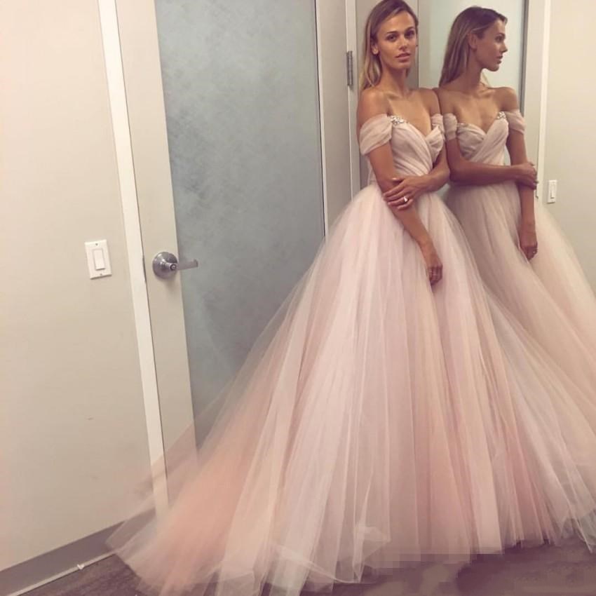 

Simple Tulle Evening Dresses Off Shoulder Crystal Beaded Backless Sexy Prom Dresses Long Custom Made Junior Evening Gowns robe de marié, Champagne