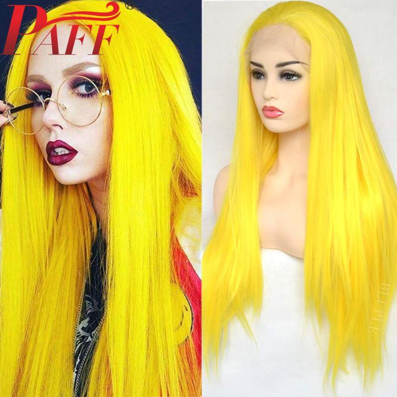 

PAFF Long Light Yellow Synthetic Lace Front Wig Silky Straight Heat Resistant Fiber Natural Hairline For Women Daily Wigs, As pic