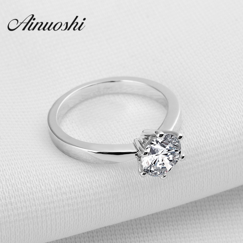 

AINUOSHI Classic 1 Carat Round Cut Solitaire Finger Ring Engagement Wedding Accessories 6 Claws 925 Sterling Silver Lover Rings Y200106